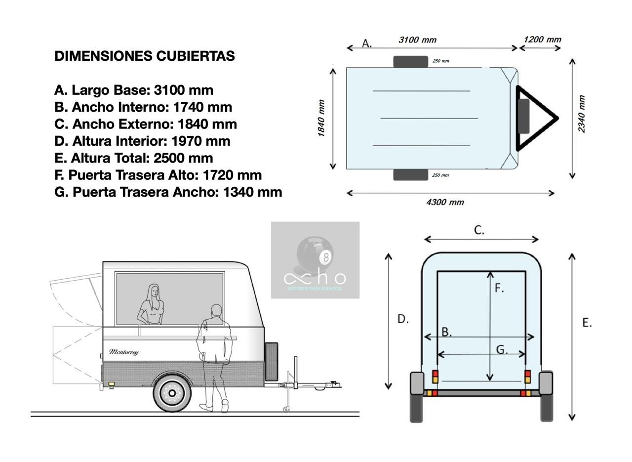 Plano técnico de la unidad provisto por el fabricante (McTrail Monterrey 100), con las dimensiones cubiertas: vista superior, vista lateral y vista trasera con las cotas A a G